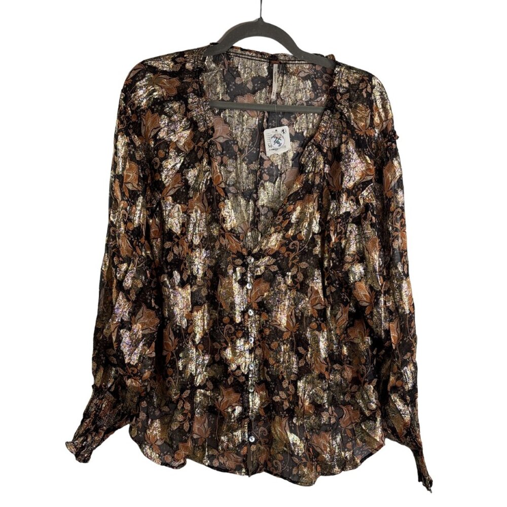 Free People Metallic Floral Print Sheer Bohemian Oversized Blouse Size M NWT